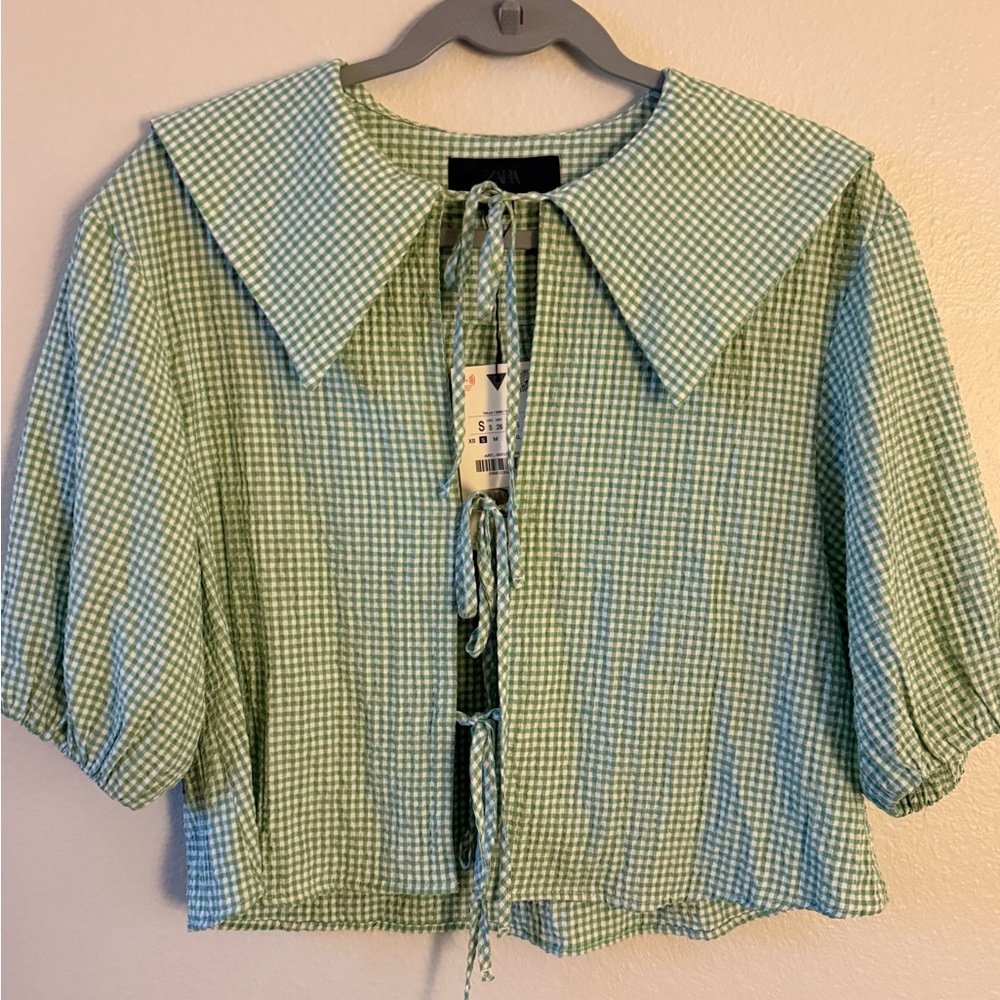 Zara Green Peter Pan Collar, Checkered Blouse with Tie Detail